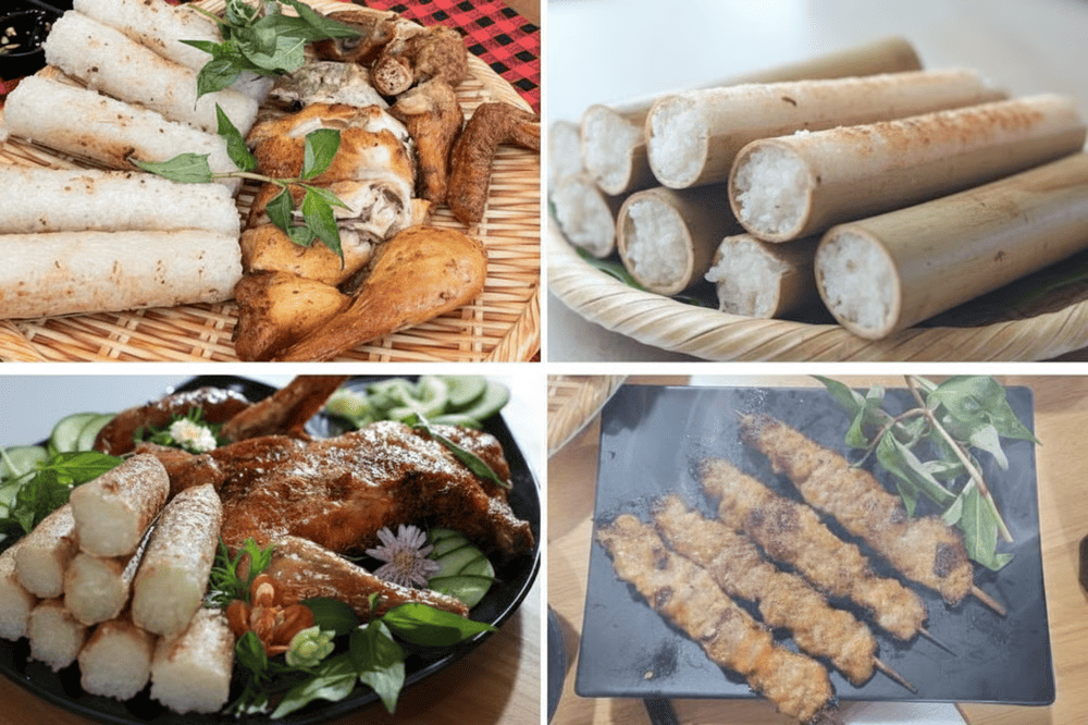 Gà nướng vàng óng, thịt mềm thơm, ăn kèm cơm lam dẻo bùi và muối chấm đậm đà